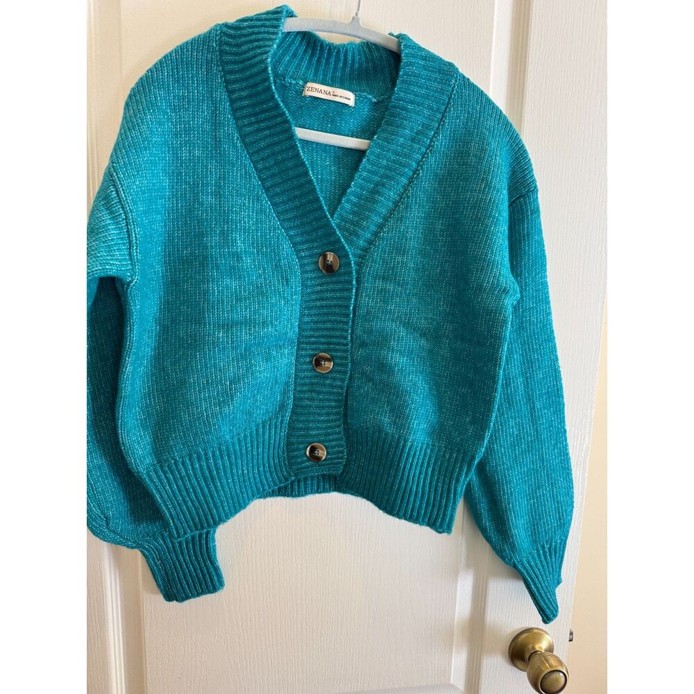 Zenana Teal Blue Heathered V-Neck Button Front Cardigan Sweater - Size Small